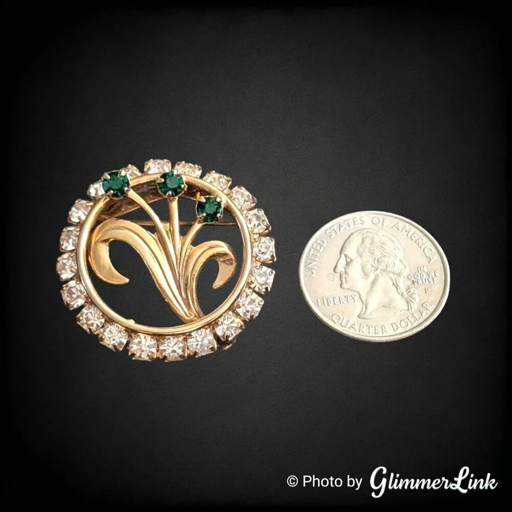 Vintage Mid Century Gold Tone Floral Clear & Green Rhinestone Circle Brooch